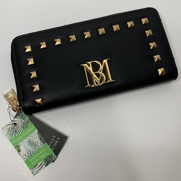 Badgley Mischka | Black Vegan Gold Studded Zipper Wallet | Clutch | Card Holder - Picture 9 of 10